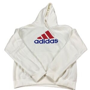 Adidas Mens Essentials Fleece Logo Hoodie White Red Blue Pullover Medium